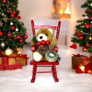 Christmas Holiday Plush Bear Decoration In Red Rocking Chair